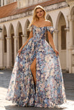 Blue A-Line Off The Shoulder Corset Floral Long Prom Dress with Slit