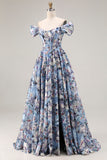 Blue A-Line Off The Shoulder Corset Floral Long Prom Dress with Slit
