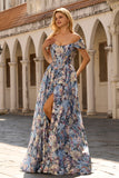 Blue Floral A-Line Off The Shoulder Corset Long Prom Dress with Slit