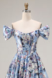 Blue A-Line Off The Shoulder Corset Floral Long Prom Dress with Slit