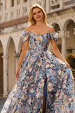 Blue Floral A-Line Off The Shoulder Corset Long Prom Dress with Slit