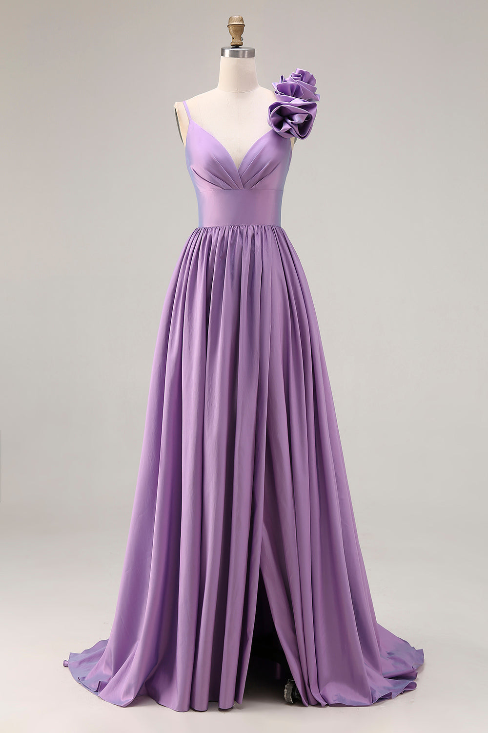 Zapaka Women Purple Long Prom Dress with Slit A-Line Spaghetti Straps 3D Flower Ruched Formal Dress, Purple / UK10 Zapaka Women Purple Long Prom Dress with Slit A-Line Spaghetti Straps 3D Flower Ruched Formal Dress, Purple / UK10