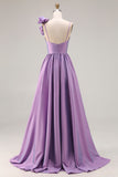 Purple A-Line Spaghetti Straps 3D Flower Ruched Long Prom Dress with Slit
