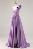 Purple A-Line Spaghetti Straps 3D Flower Ruched Long Prom Dress with Slit