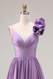 Purple A-Line Spaghetti Straps 3D Flower Ruched Long Prom Dress with Slit
