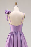 Purple A-Line Spaghetti Straps 3D Flower Ruched Long Prom Dress with Slit