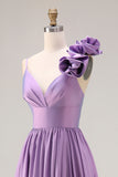 Purple A-Line Spaghetti Straps 3D Flower Ruched Long Prom Dress with Slit
