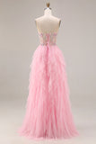 Pink A-Line Beaded Ruffled Corset Sequin Tulle Long Prom Dress with Slit