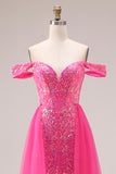 Sparkly Fuchsia Mermaid Off The Shoulder Convertible Long Prom Dress with Sequins