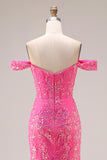 Sparkly Fuchsia Mermaid Off The Shoulder Convertible Long Prom Dress with Sequins