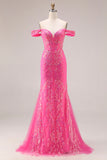 Sparkly Fuchsia Mermaid Off The Shoulder Convertible Long Prom Dress with Sequins