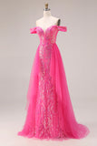 Sparkly Fuchsia Mermaid Off The Shoulder Convertible Long Prom Dress with Sequins