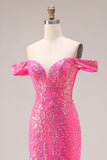 Sparkly Fuchsia Mermaid Off The Shoulder Convertible Long Prom Dress with Sequins