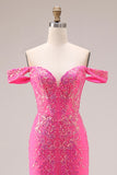 Sparkly Fuchsia Mermaid Off The Shoulder Convertible Long Prom Dress with Sequins