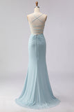 Dusty Blue Mermaid Corset Beaded Long Prom Dress with Lace Up Back