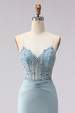 Dusty Blue Mermaid Corset Beaded Long Prom Dress with Lace Up Back