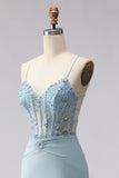 Dusty Blue Mermaid Corset Beaded Long Prom Dress with Lace Up Back