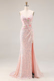 Sparkly Pink Mermaid Beaded Backless Embroidered Long Prom Dress with Slit