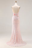 Sparkly Pink Mermaid Beaded Backless Embroidered Long Prom Dress with Slit