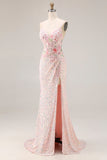 Sparkly Pink Mermaid Beaded Backless Embroidered Long Prom Dress with Slit