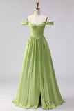 Green Off The Shoulder Satin A-Line Corset Long Prom Dress with Slit