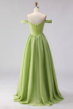 Green Off The Shoulder Satin A-Line Corset Long Prom Dress with Slit