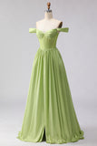 Green Off The Shoulder Satin A-Line Corset Long Prom Dress with Slit