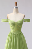 Green Off The Shoulder Satin A-Line Corset Long Prom Dress with Slit