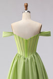 Green Off The Shoulder Satin A-Line Corset Long Prom Dress with Slit
