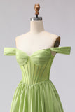 Green Off The Shoulder Satin A-Line Corset Long Prom Dress with Slit