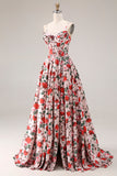 Red Pink Flower Spaghetti Straps Basque Waist A-Line Long Prom Dress with Slit