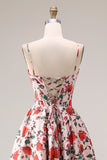 Red Pink Flower Spaghetti Straps Basque Waist A-Line Long Prom Dress with Slit