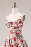 Red Pink Flower Spaghetti Straps Basque Waist A-Line Long Prom Dress with Slit
