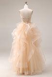 Champagne Strapless Organza A-Line Long Prom Dress with Ruffles