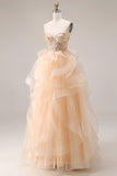Champagne Strapless Organza A-Line Long Prom Dress with Ruffles