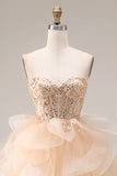 Champagne Strapless Organza A-Line Long Prom Dress with Ruffles