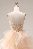 Champagne Strapless Organza A-Line Long Prom Dress with Ruffles