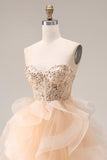 Champagne Strapless Organza A-Line Long Prom Dress with Ruffles