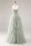 Dusty Green A-Line Tulle Spaghetti Straps Corset Long Prom Dress with Ruffles