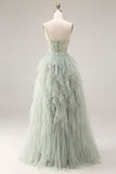 Dusty Green A-Line Tulle Spaghetti Straps Corset Long Prom Dress with Ruffles