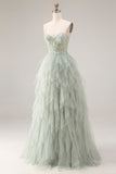 Dusty Green A-Line Tulle Spaghetti Straps Corset Long Prom Dress with Ruffles