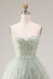 Dusty Green A-Line Tulle Spaghetti Straps Corset Long Prom Dress with Ruffles