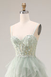 Dusty Green A-Line Tulle Spaghetti Straps Corset Long Prom Dress with Ruffles