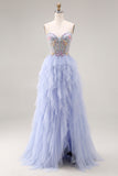 Light Plum Appliqued A-Line Tulle Spaghetti Straps Corset Long Prom Dress with Ruffles