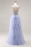 Light Plum Appliqued A-Line Tulle Spaghetti Straps Corset Long Prom Dress with Ruffles