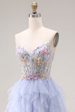 Light Plum Appliqued A-Line Tulle Spaghetti Straps Corset Long Prom Dress with Ruffles