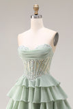 Dusty Green A Line Ruffled Tiered Chiffon Corset Long Prom Dress with Slit