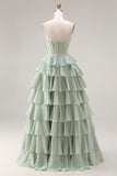 Dusty Green A Line Ruffled Tiered Chiffon Corset Long Prom Dress with Slit