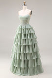 Dusty Green A Line Ruffled Tiered Chiffon Corset Long Prom Dress with Slit