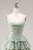 Dusty Green A Line Ruffled Tiered Chiffon Corset Long Prom Dress with Slit
